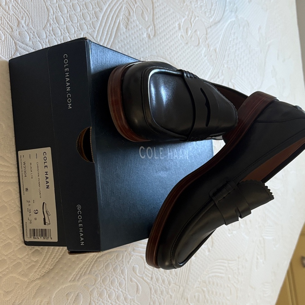 Cole Haan Christyn Black Leather Loafers with Brown Sole